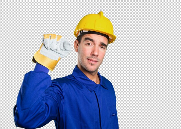 Serious worker challenging on white background