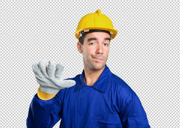 PSD serious worker with keep calm gesture on white background