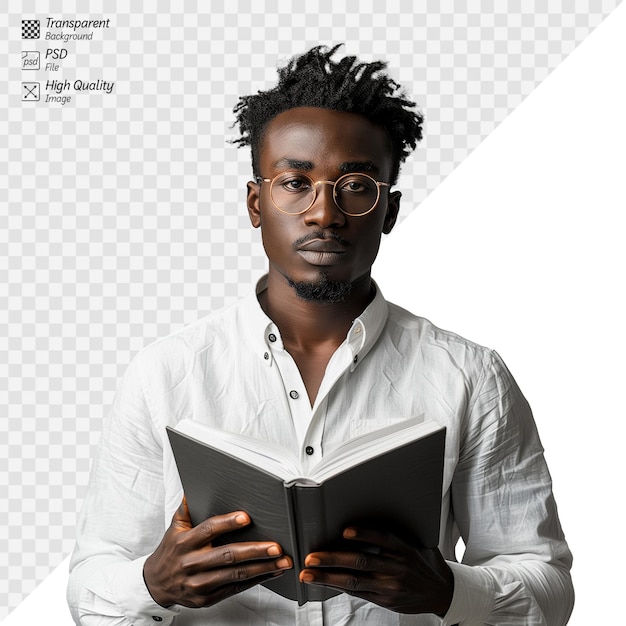 Serious young man with glasses reading a book on transparent background