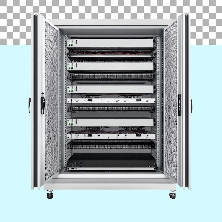 PSD server rack on isolated transparent png background