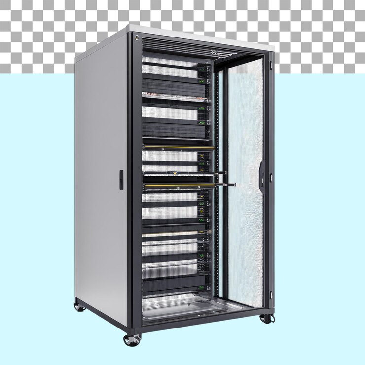 PSD server rack on isolated transparent png background