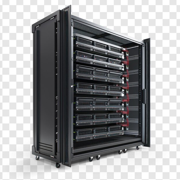 server rack with multiple slots and cooling features isolated on transparent background