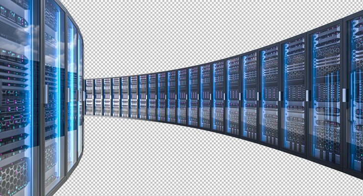 PSD server racks die blauw licht uitzenden in een datacentrum 3d