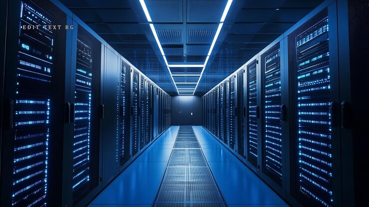 PSD serverruimte van het datacentrum met rijen verlichte racks
