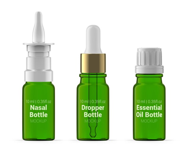 PSD set of 10 ml green glass bottles nasal spray essential oil and dropper bottle mockup