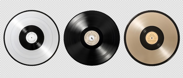 PSD set of 3 vinyl records white black golden vinyls on isolated transparent background