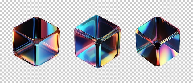 PSD set of 3d crystal glass cube refraction holographic effect isolated on transparent background