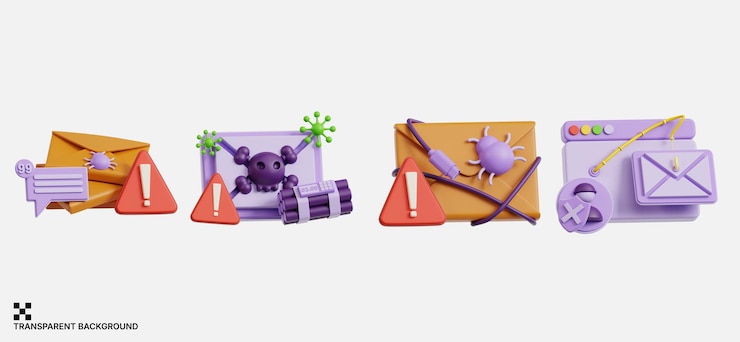 PSD set of 3d email virus explosive malware message and phishing mail icons in spam attack theme