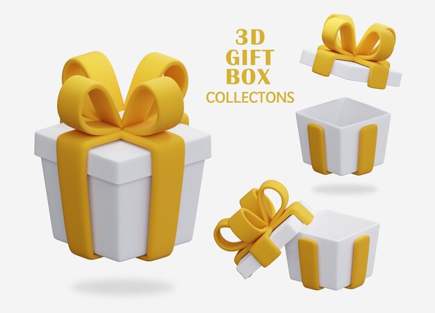 PSD set of 3d gift boxes with gold ribbon and open lid clipart