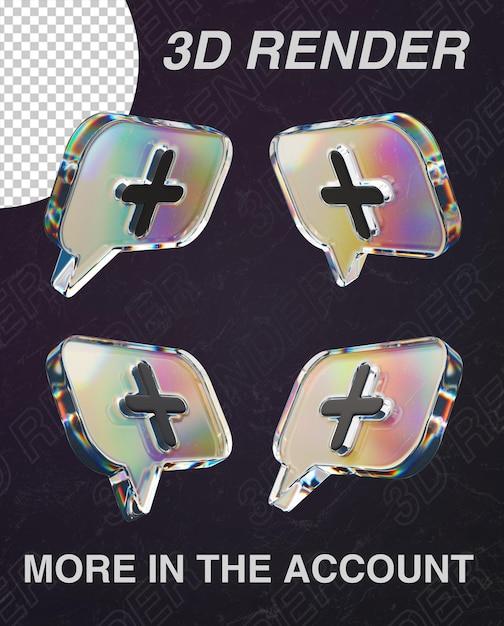 A set of 3d glass chat icons with a plus