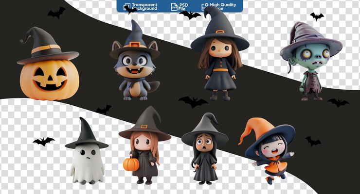 PSD 3d 할로윈 캐릭터 세트 witchhatted pumpkin zombie ghost werewolf little witches