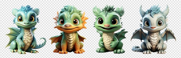 PSD set of 3d illustrations of adorable cute dragon cartoon characters