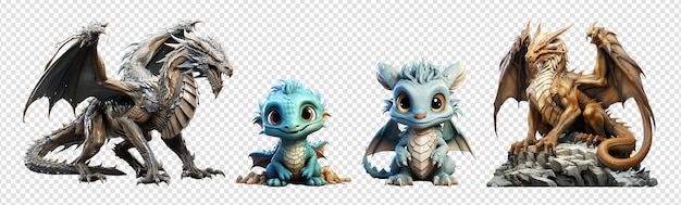 PSD set of 3d illustrations of dragon characters