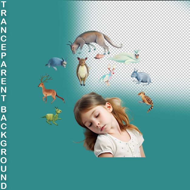 Set of 3d objects ant butterfly cow dinosaur elephant fish goose horse with a little sleeping girl isolated on a transparent background