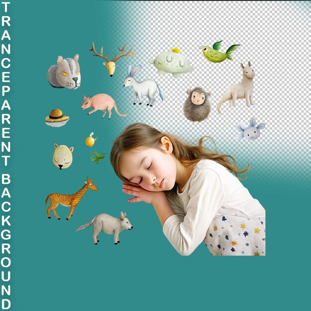 PSD set of 3d objects ant butterfly cow dinosaur elephant fish goose horse with a little sleeping girl isolated on a transparent background