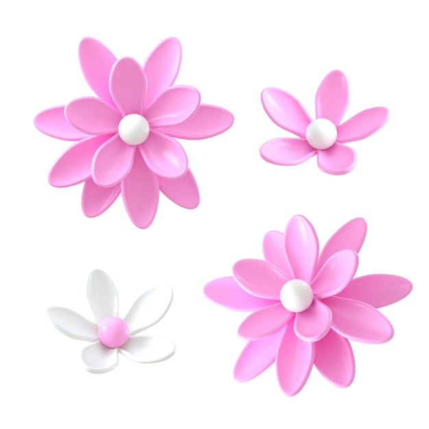 Set of 3d pink flowers on a transparent background.  3d render