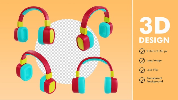 PSD set of 3d render of headphone icon asset pack with a different angle blue red and yellow