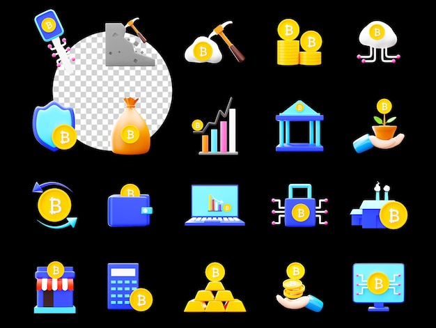 Set di icone crittografiche epiche di rendering 3d su sfondo nero