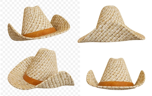 Set di cappello da cowboy in paglia 3d colore chiaro e diverse angolazioni su sfondo isolato rendering 3d