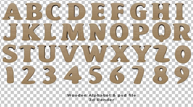 PSD set of 3d wooden english alphabet letters and numbers from zero to nine