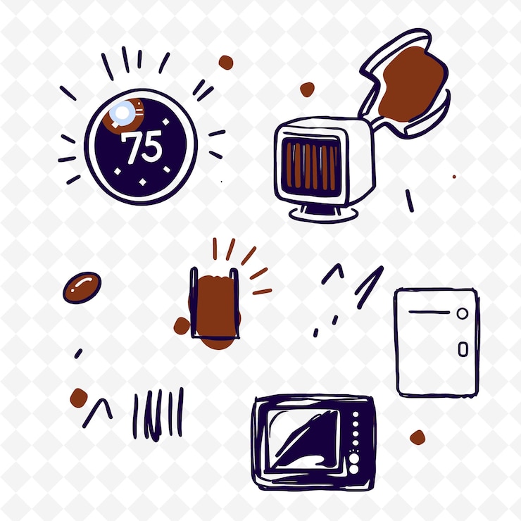PSD set of 4 bold thick outlined vector illustrations on stark white background png cute handraw item