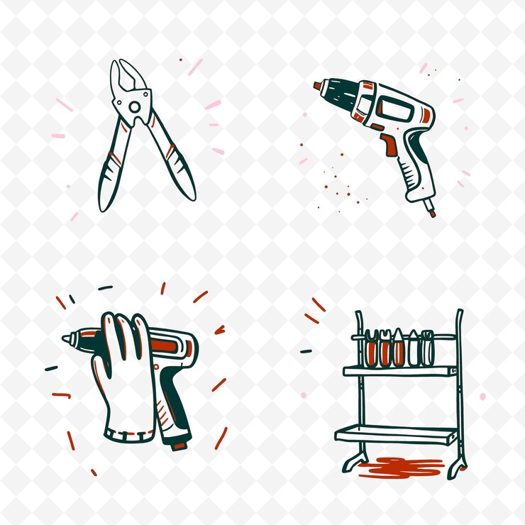 PSD set of 4 bold thick outlined vector illustrations on stark white background png cute handraw item