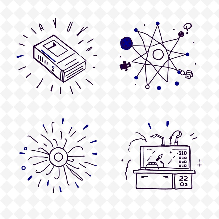 PSD set of 4 bold thick outlined vector illustrations on stark white background png cute handraw item