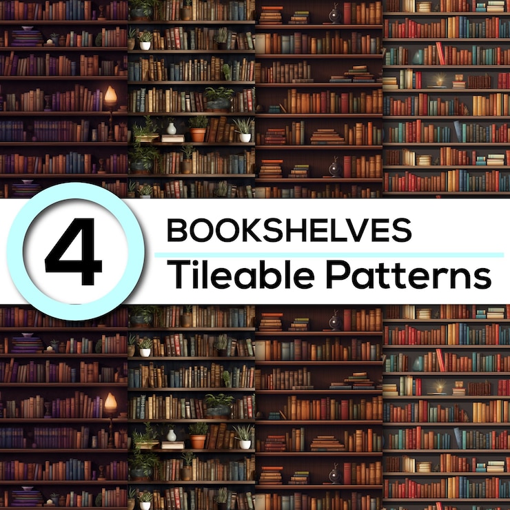 PSD set of 4 detailed bookshelf patterns for classic cozy backdrops backgrounds