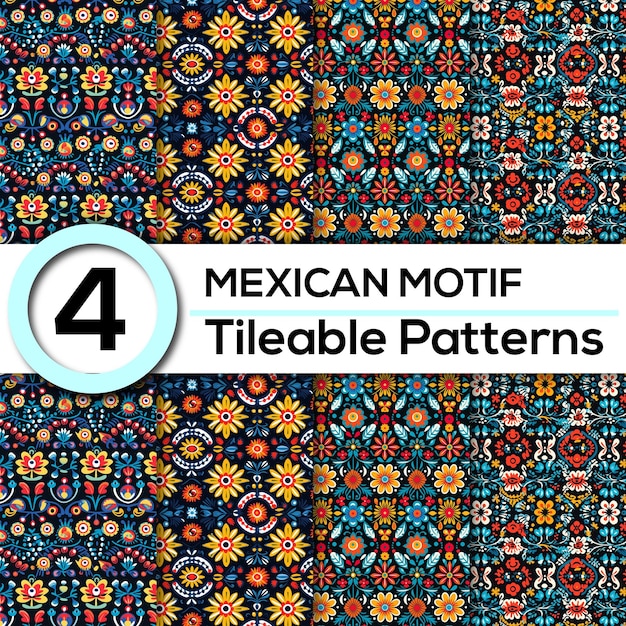 PSD set of 4 vibrant mexican motif seamless patterns for festive designs backgrounds