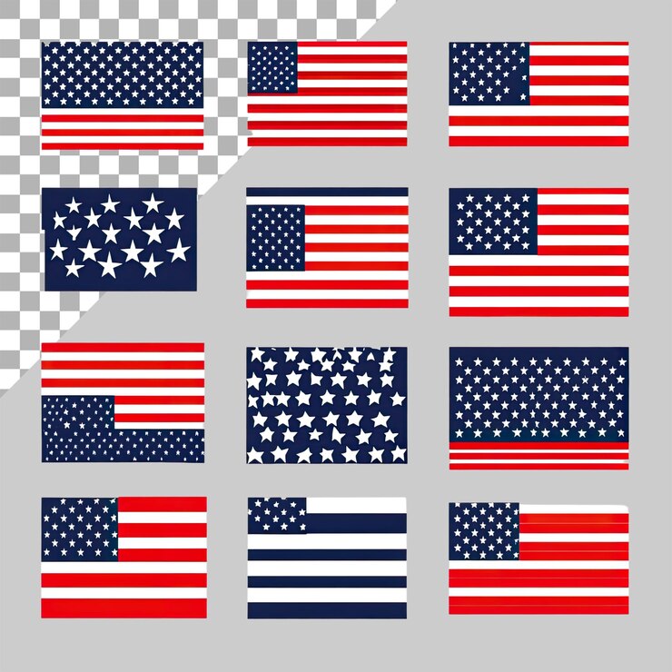 PSD 透明な背景上の様々なスタイルのベクトルイラストのアメリカ国旗デザインのセット