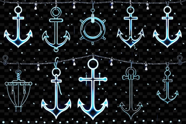 A set of anchors and lights with a black background
