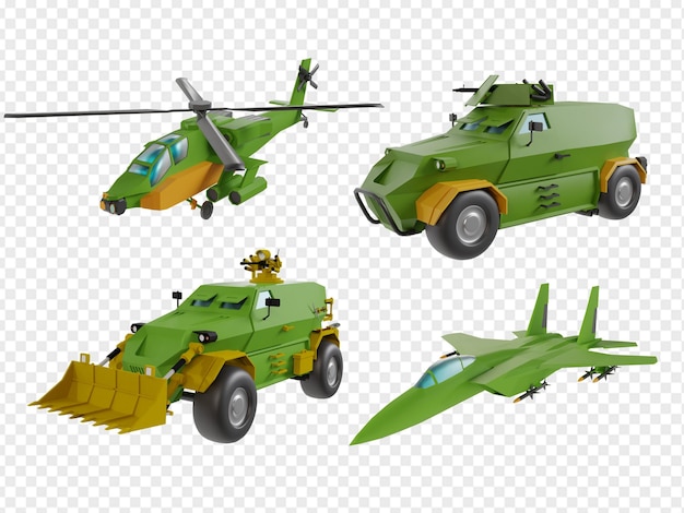 PSD set of army vehicle 3d render icons