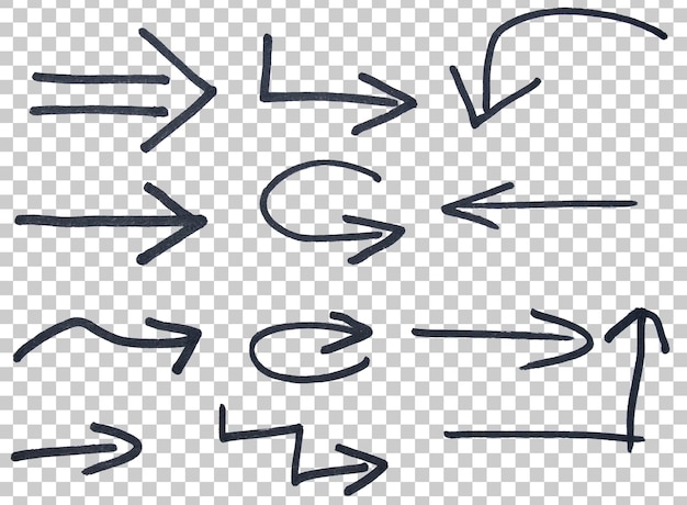 Set of arrow sign drawn with black marker on transparent background