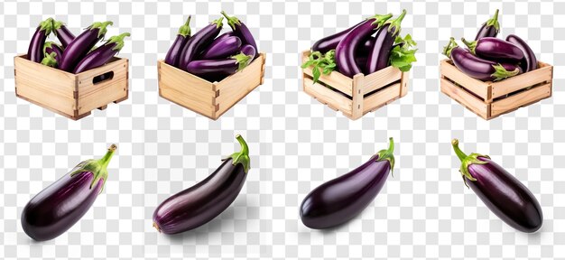 Set aubergines in een houten doos geïsoleerd op een doorzichtige achtergrond psd