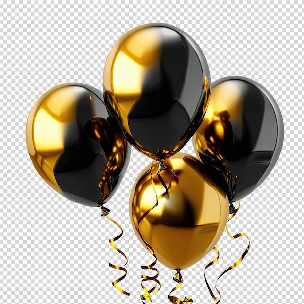 A set of balloons with gold and black balloons with streamers