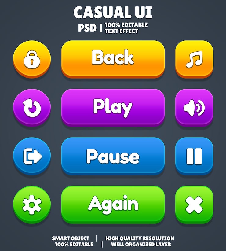 PSD set of beautiful game ui button cartoon style ui button 2d button 2d ui game icon set game ui