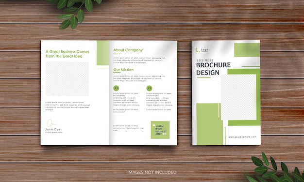 Set di modello di brochure o volantino bifold con spazio per prodotto o testo in colore bianco e verde