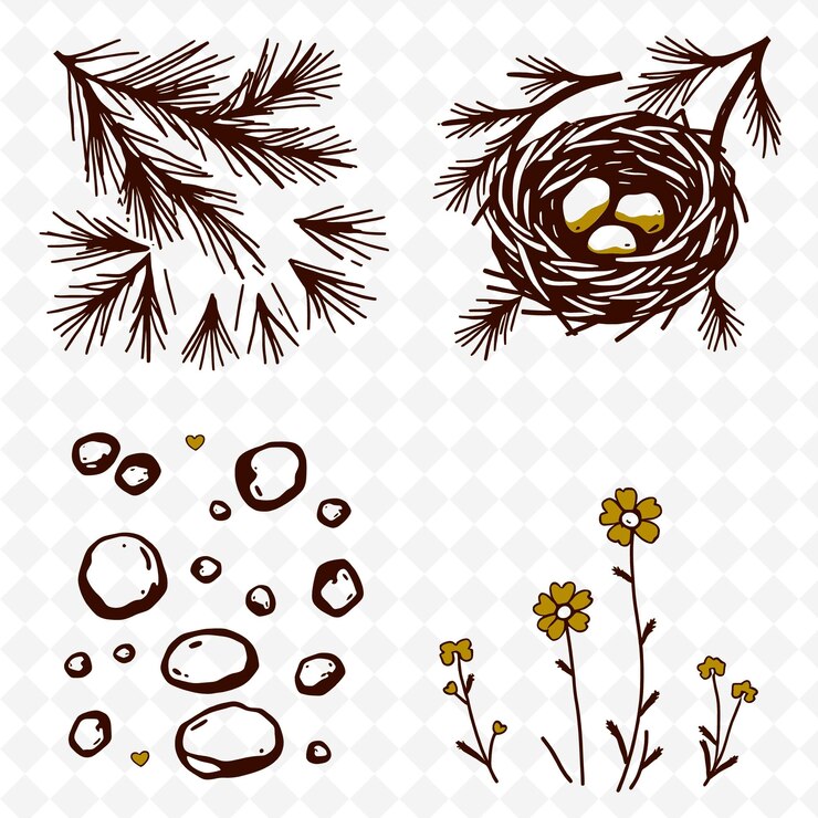 PSD a set of birds nest with a bird nest and flowers