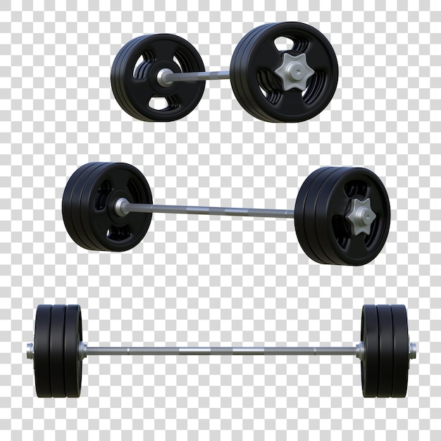 Set of black barbells isolated on white background Fron view and side view 3D render illustration