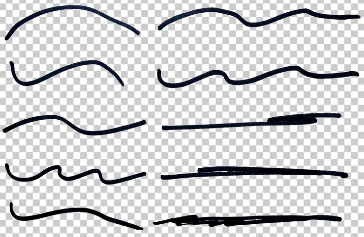 PSD 黒い手描きのマーカーペンストロークラインのセット 透明な背景デザイン要素 ドードル 落書きの下線