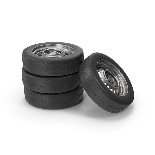 Set of Black Tires Stacked on White Background