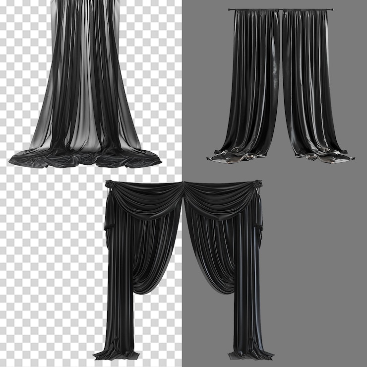 PSD a set of black wall curtains on transparent background