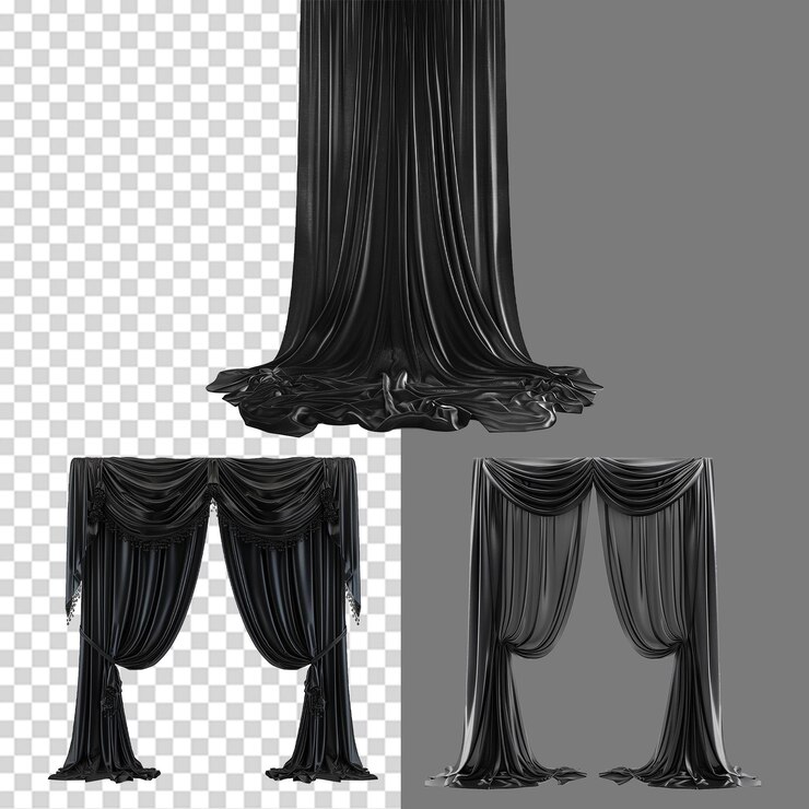 PSD a set of black wall curtains on transparent background