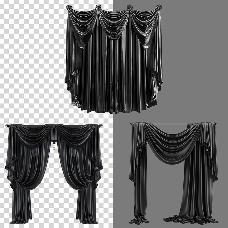 PSD a set of black wall curtains on transparent background