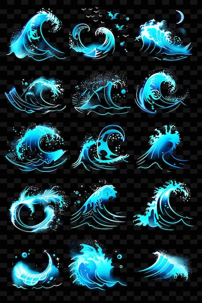 PSD a set of blue waves with the words  surf  on a black background