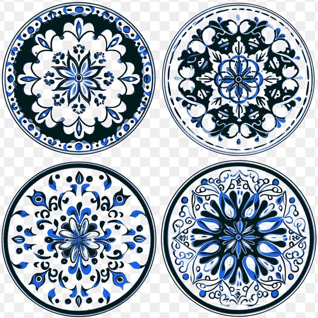 A set of blue and white plates with the words quot mandalas quot on them