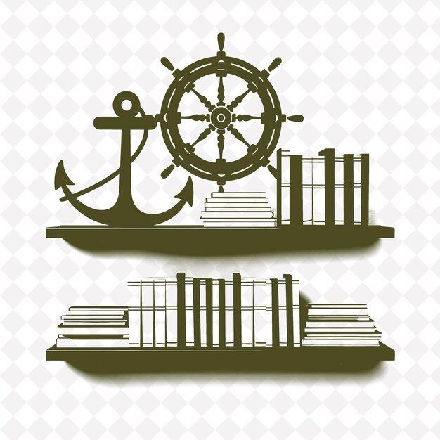 PSD a set of books and a ship on a shelf with a ship on the top