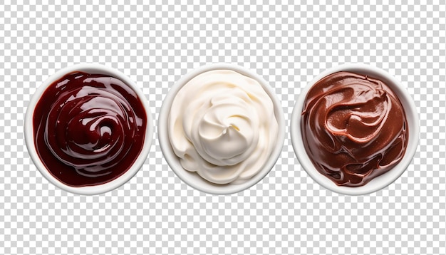 PSD set di ciotole con salsa di maionese al cioccolato vista dall'alto isolata su uno sfondo trasparente