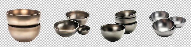 PSD set of brushed metal bowls with a matte finish set isolated on transparent background