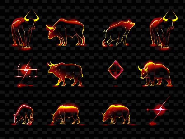 PSD a set of bull and bear icons with pulsating glow in neon hal png iconic y2k shape art decorative